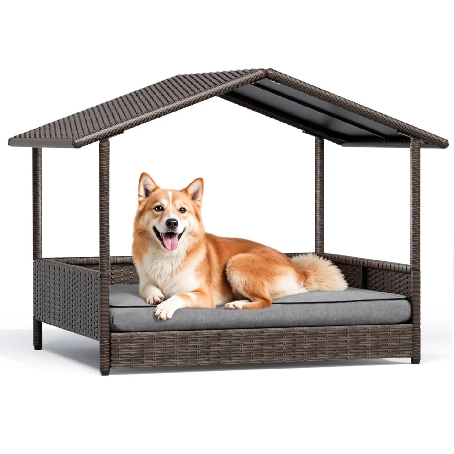 Warcat Elevated Wicker Dog House with Cushion for Indoor and Outdoor Use - Ideal for Decks, Patios, Yards, and Homes
