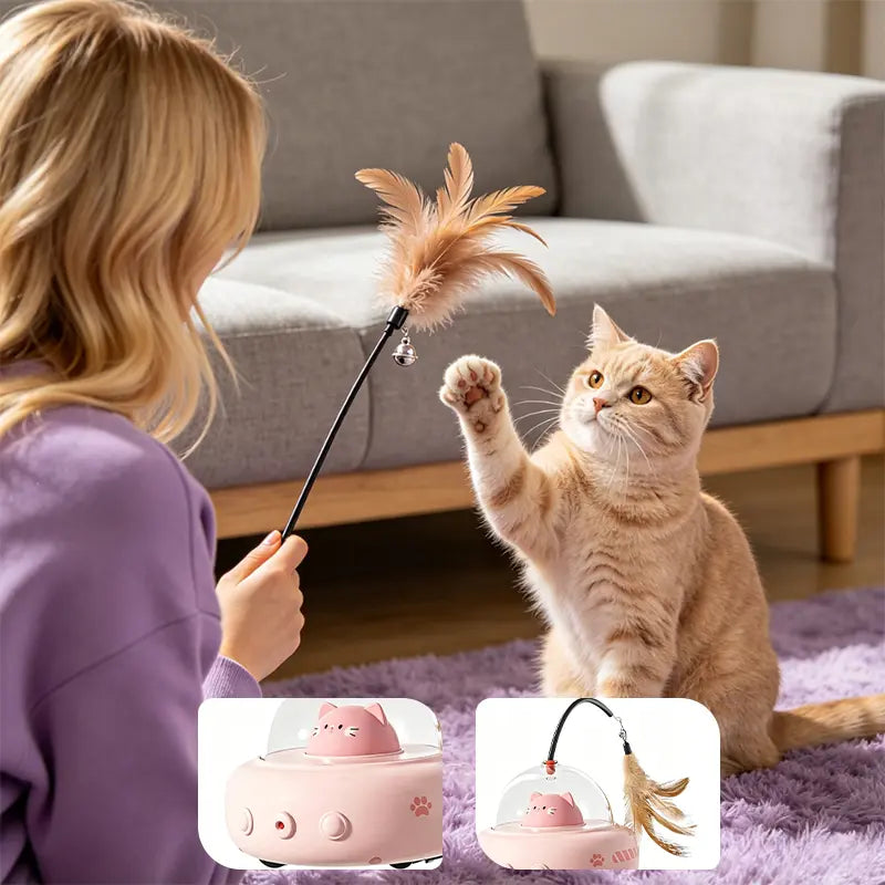 Interactive 2-in-1 Smart Laser and Feather Wand Toy for Indoor Cats - Automatic Rotating Electric Pet Toy for Engaging Self-Play and Boredom Relief