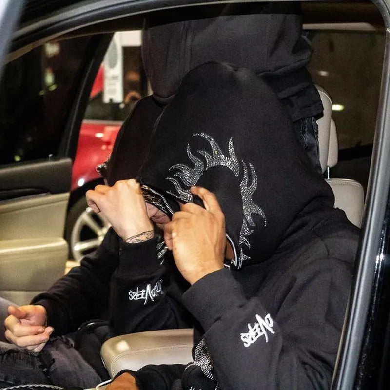 Men's Y2K Hooded Zip Jacket with Rhinestone Pattern - Oversized Gothic Sweatshirt and Pullover Coat