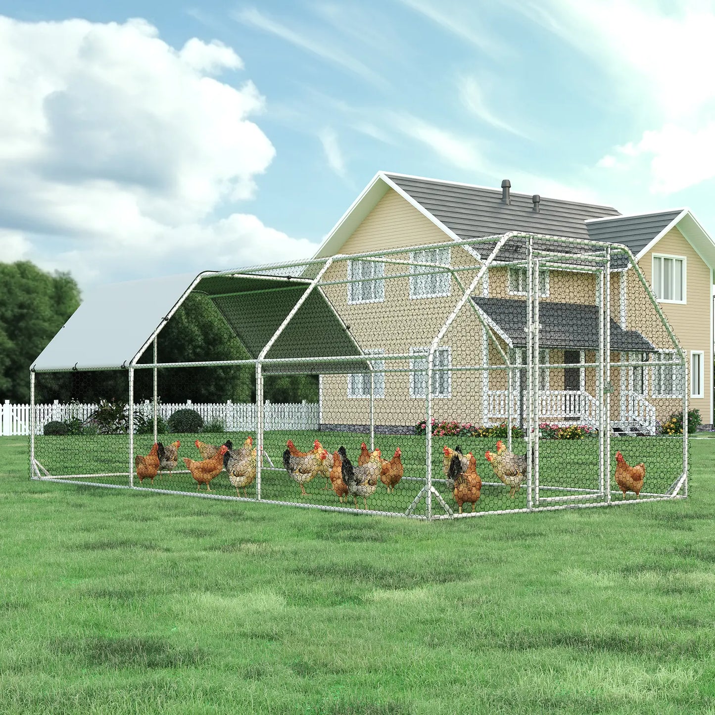 HOMBCK Large Metal Chicken Coop with Walk-In Run and Spire Roof, Outdoor Poultry Cage with UV Protection for Backyard Farming