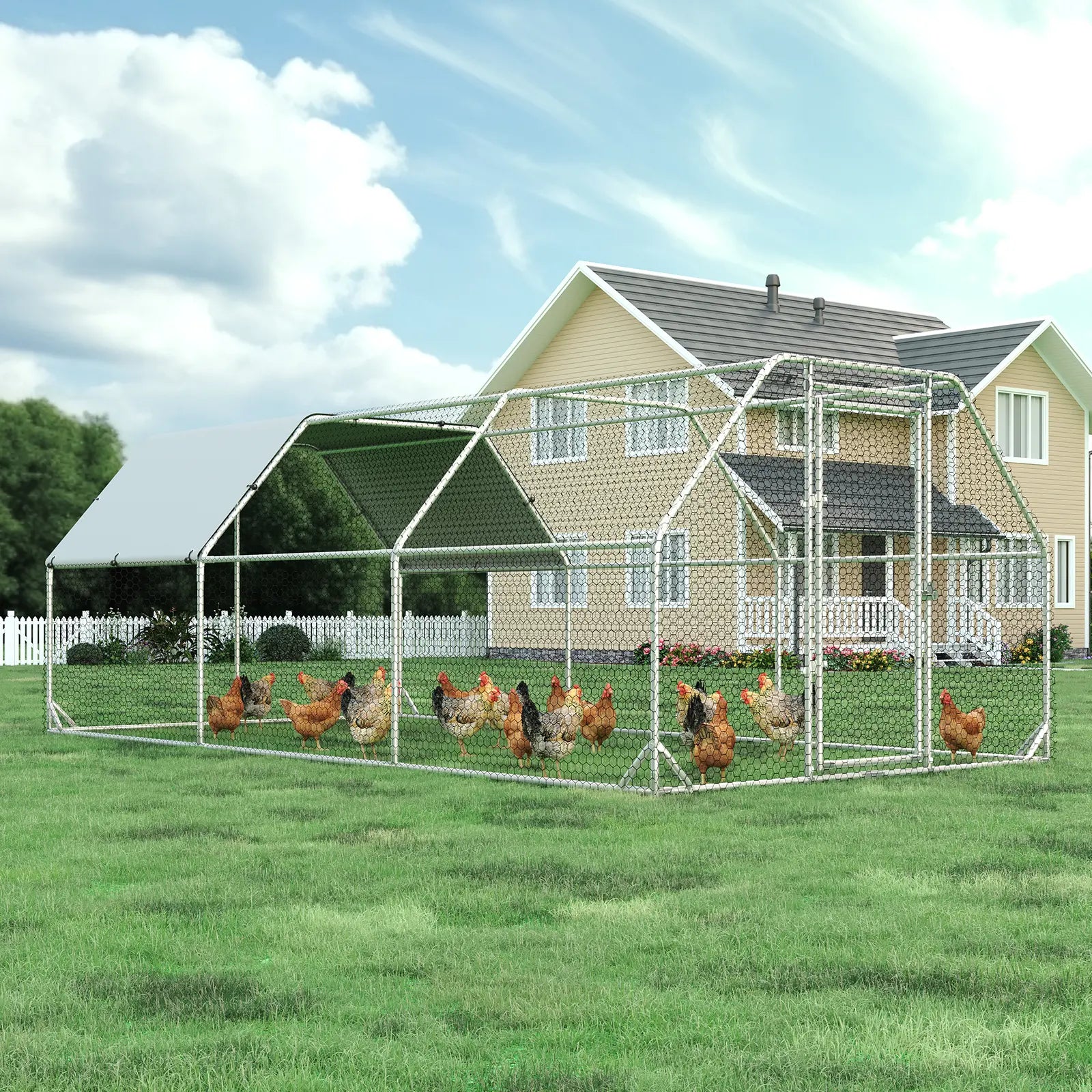 HOMBCK Large Metal Chicken Coop with Walk-In Run and Spire Roof, Outdoor Poultry Cage with UV Protection for Backyard Farming