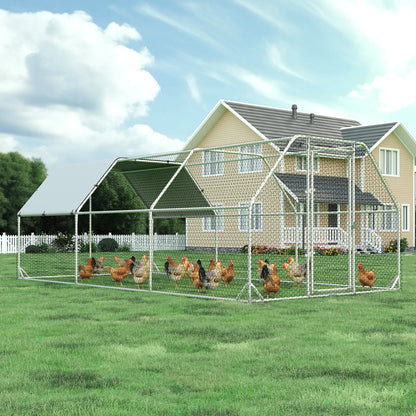 HOMBCK Large Metal Chicken Coop with Walk-In Run and Spire Roof, Outdoor Poultry Cage with UV Protection for Backyard Farming
