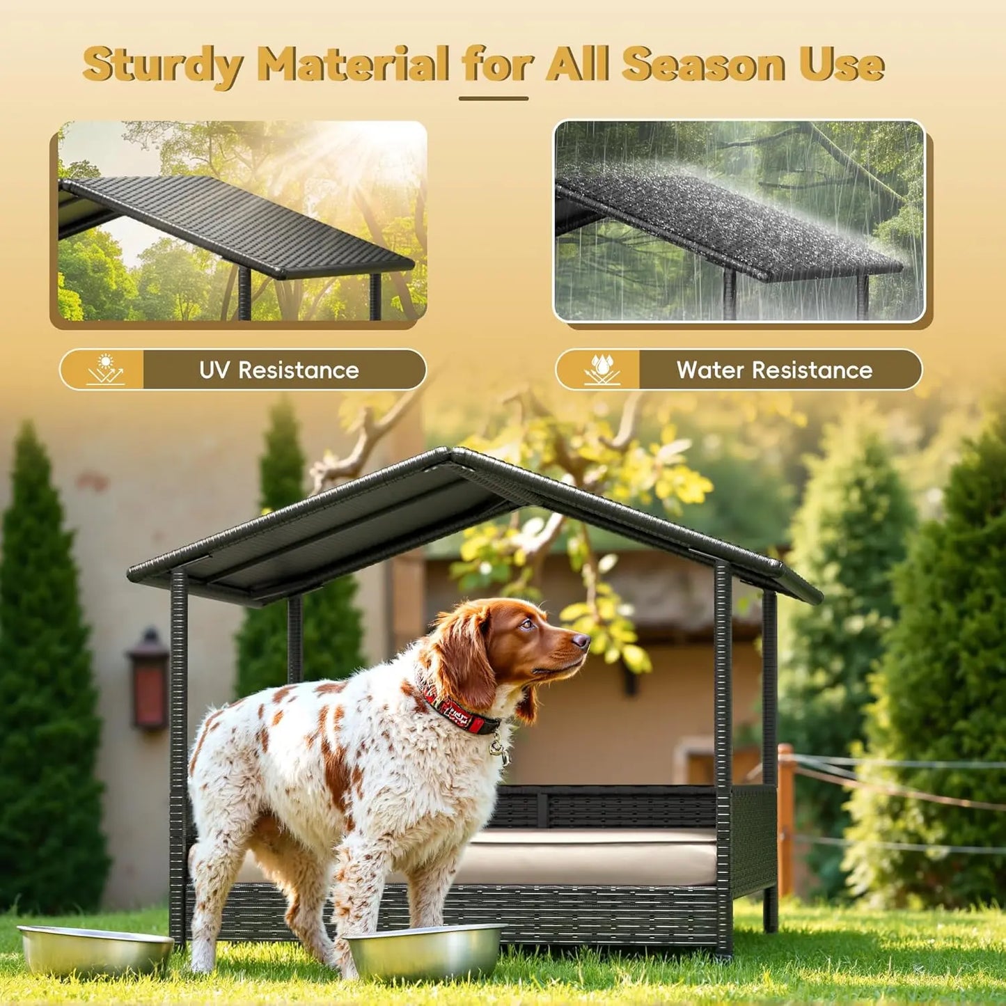 Warcat Elevated Wicker Dog House with Cushion for Indoor and Outdoor Use - Ideal for Decks, Patios, Yards, and Homes