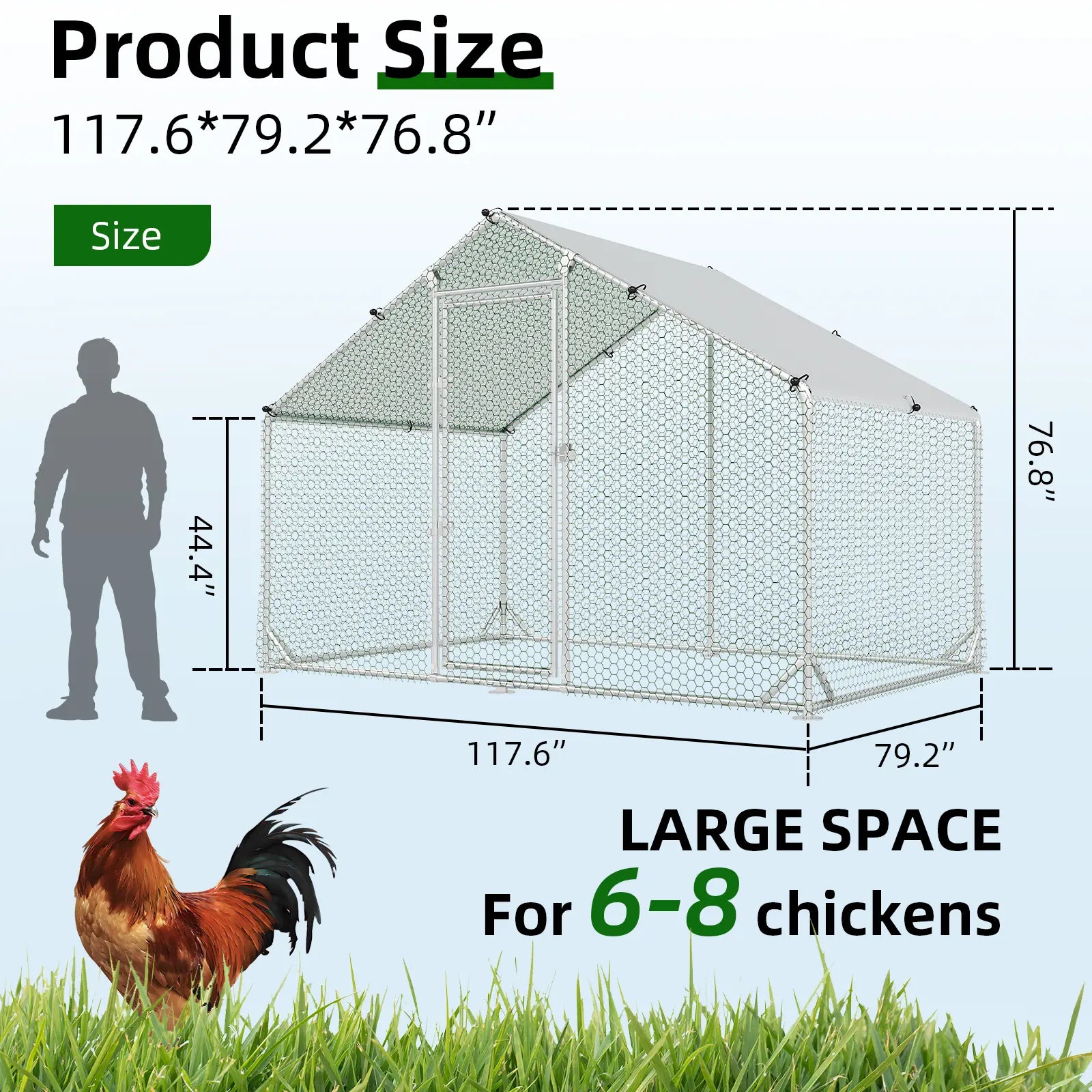 HOMBCK Large Metal Chicken Coop with Walk-In Run and Spire Roof, Outdoor Poultry Cage with UV Protection for Backyard Farming