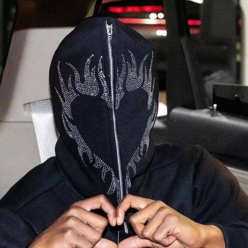 Men's Y2K Hooded Zip Jacket with Rhinestone Pattern - Oversized Gothic Sweatshirt and Pullover Coat