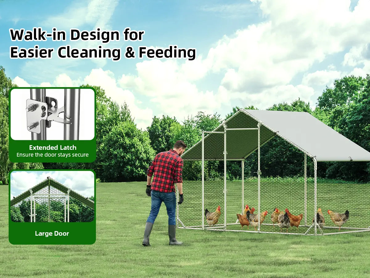 HOMBCK Large Metal Chicken Coop with Walk-In Run and Spire Roof, Outdoor Poultry Cage with UV Protection for Backyard Farming