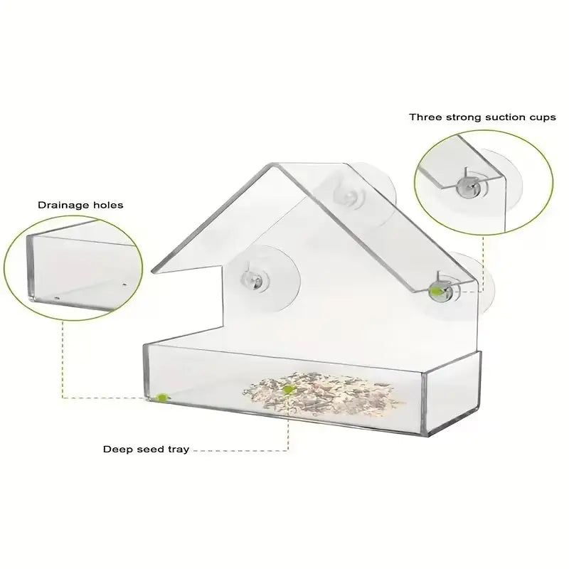 Transparent Acrylic Window Bird Feeder with Suction Cups for Outdoor Bird Watching