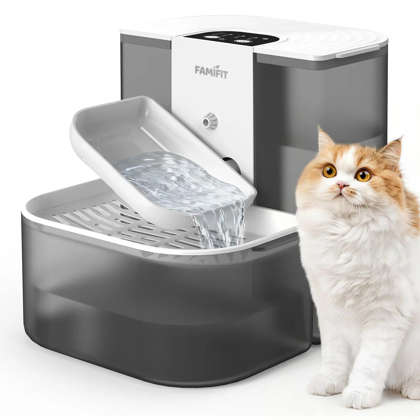 Automatic Cat Water Fountain with Ceramic Bowl, 4.5L + 2L Capacity, Timed Dispensing (3/6/9 Hours) and Adjustable Flow Control (80/100/120 mL), Filter-Free Clean Water System, Ultra Quiet Operation