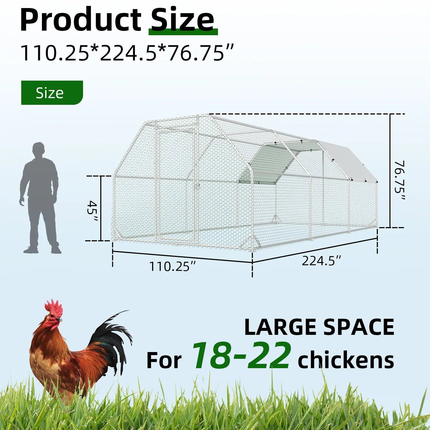 HOMBCK Large Metal Chicken Coop with Walk-In Run and Spire Roof, Outdoor Poultry Cage with UV Protection for Backyard Farming