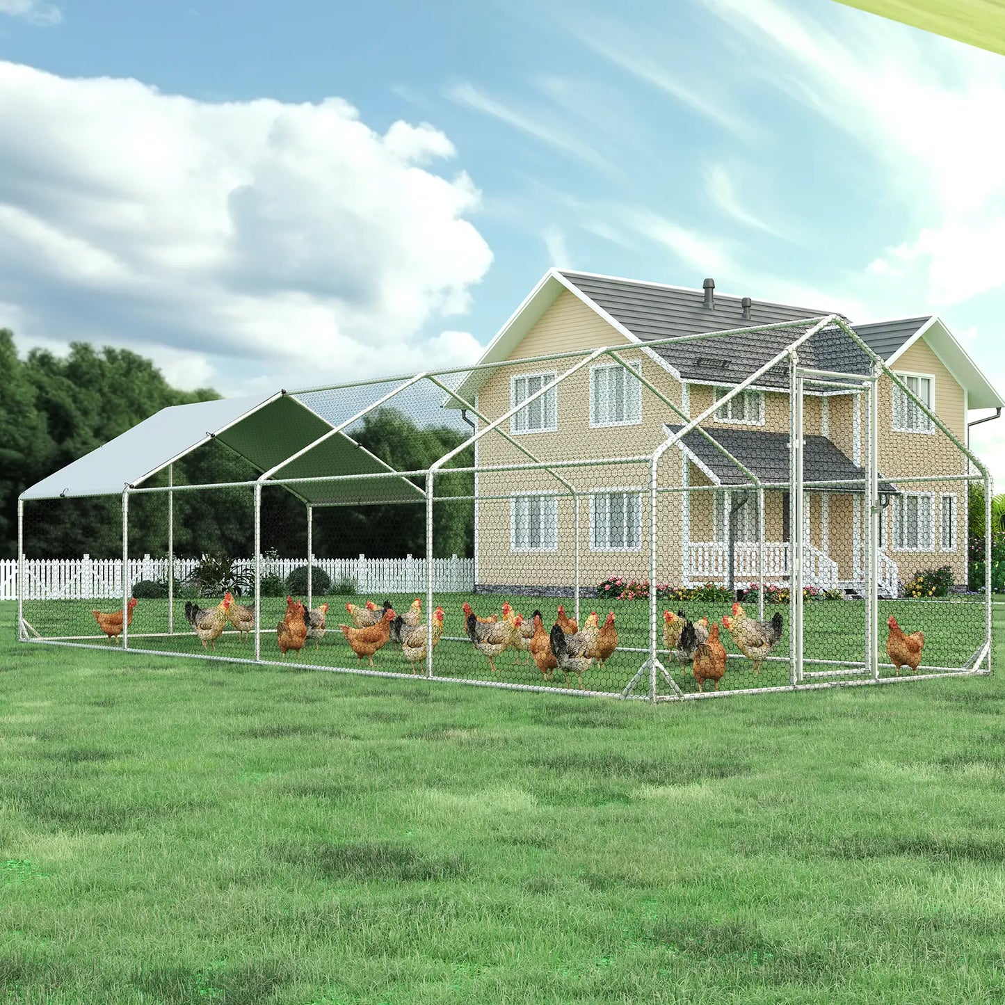 HOMBCK Large Metal Chicken Coop with Walk-In Run and Spire Roof, Outdoor Poultry Cage with UV Protection for Backyard Farming