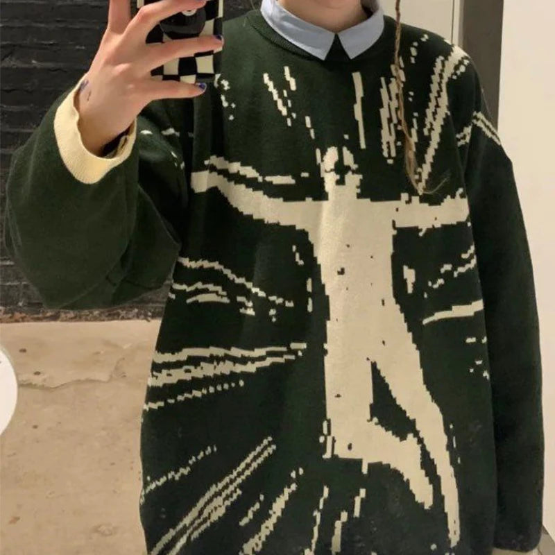 2024 Vintage Wool Knitted Pullover Sweater in Green - Unisex Hip Hop Street Gothic Y2K Harajuku Punk Style