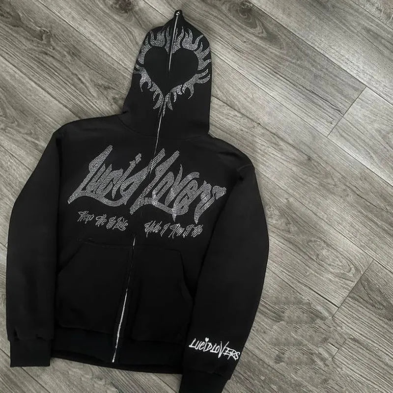 Men's Y2K Hooded Zip Jacket with Rhinestone Pattern - Oversized Gothic Sweatshirt and Pullover Coat