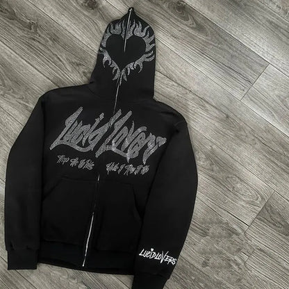 Men's Y2K Hooded Zip Jacket with Rhinestone Pattern - Oversized Gothic Sweatshirt and Pullover Coat