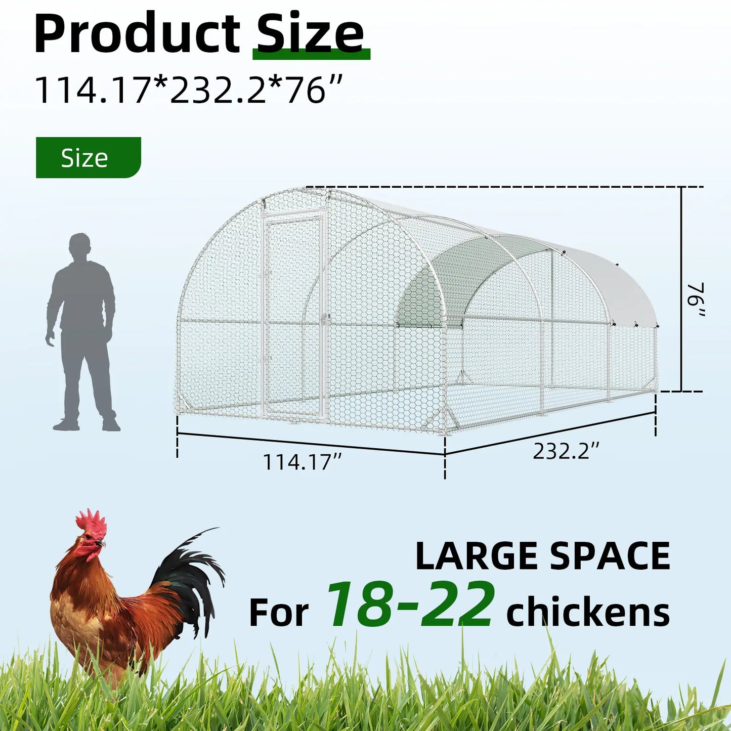 HOMBCK Large Metal Chicken Coop with Walk-In Run and Spire Roof, Outdoor Poultry Cage with UV Protection for Backyard Farming
