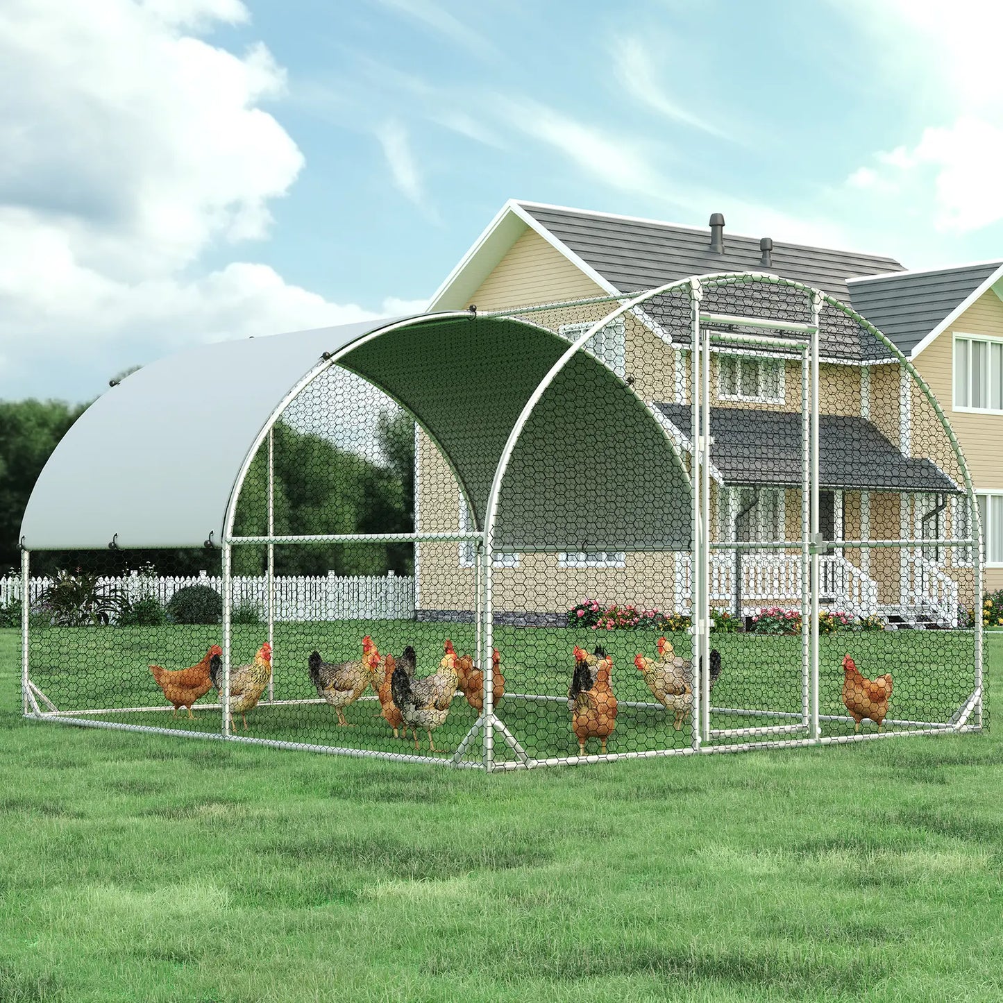 HOMBCK Large Metal Chicken Coop with Walk-In Run and Spire Roof, Outdoor Poultry Cage with UV Protection for Backyard Farming