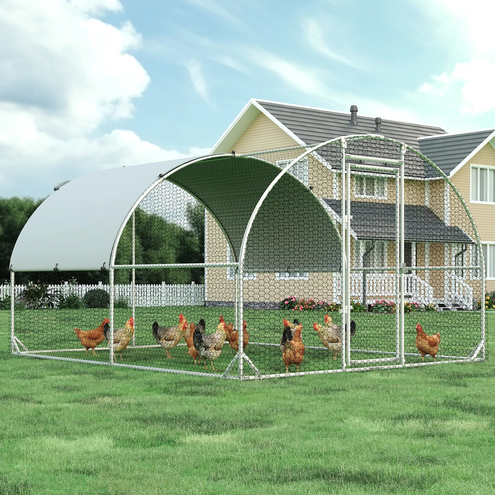 HOMBCK Large Metal Chicken Coop with Walk-In Run and Spire Roof, Outdoor Poultry Cage with UV Protection for Backyard Farming