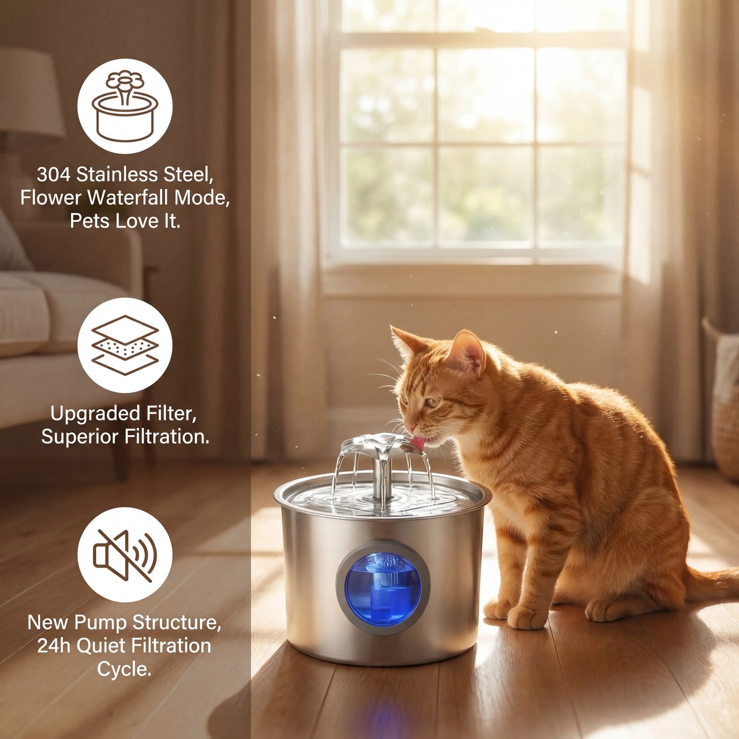 Premium 2.2L Silent Cat Water Dispenser with 304 Stainless Steel Outlet, Night Light, 6-Layer Filter, Automatic Gravity Supply, Wired Plug-In, Leak-Proof Design, and Easy Maintenance