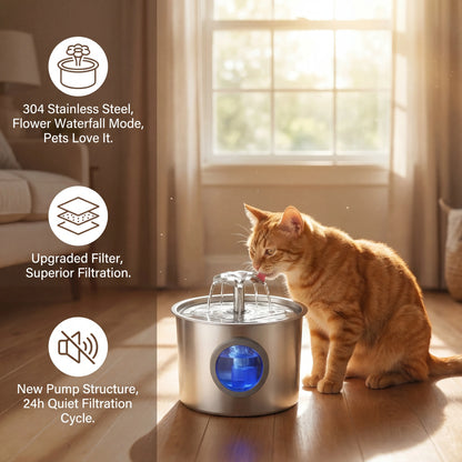Premium 2.2L Silent Cat Water Dispenser with 304 Stainless Steel Outlet, Night Light, 6-Layer Filter, Automatic Gravity Supply, Wired Plug-In, Leak-Proof Design, and Easy Maintenance
