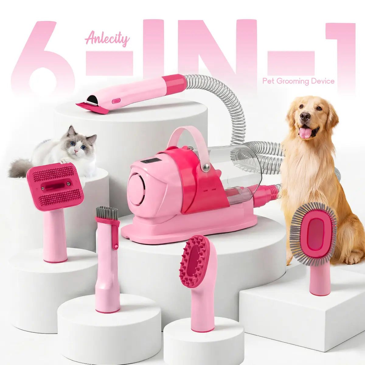 Anlecity 6-in-1 Pet Grooming Vacuum System for Dogs and Cats, 3L Capacity, Adjustable Suction Modes, Low Noise Hair Removal Trimmer with Guide Combs, Efficient All-in-One Home Grooming Solution