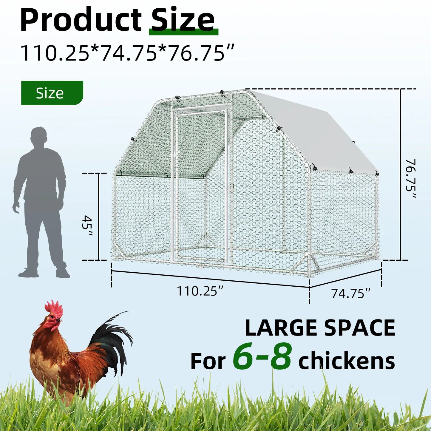 HOMBCK Large Metal Chicken Coop with Walk-In Run and Spire Roof, Outdoor Poultry Cage with UV Protection for Backyard Farming