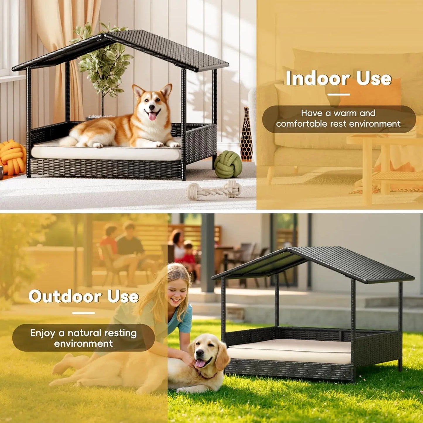 Warcat Elevated Wicker Dog House with Cushion for Indoor and Outdoor Use - Ideal for Decks, Patios, Yards, and Homes