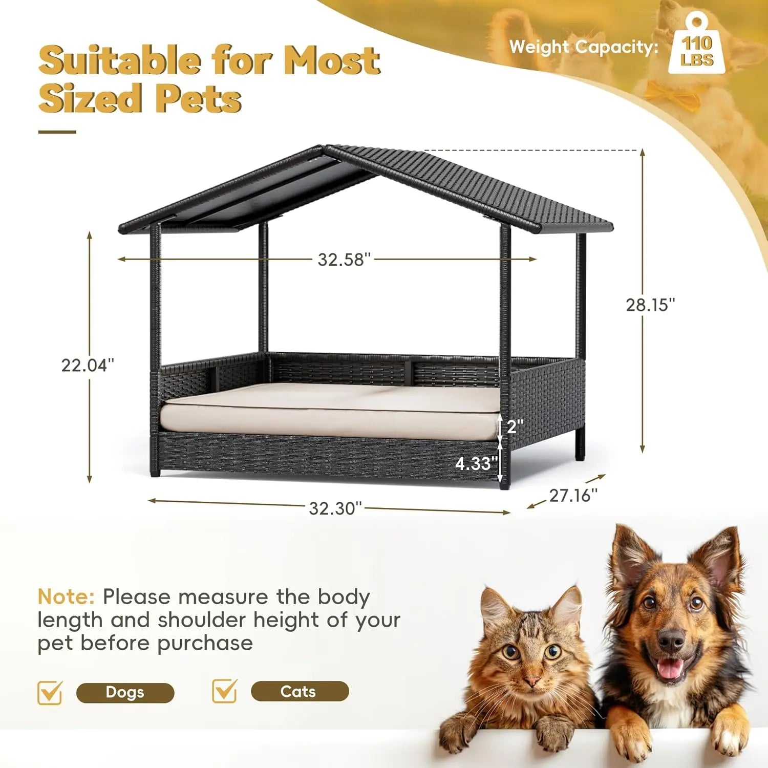Warcat Elevated Wicker Dog House with Cushion for Indoor and Outdoor Use - Ideal for Decks, Patios, Yards, and Homes