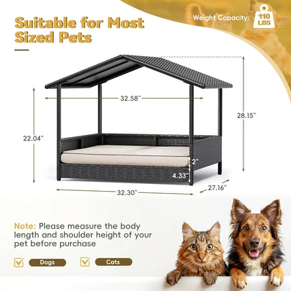 Warcat Elevated Wicker Dog House with Cushion for Indoor and Outdoor Use - Ideal for Decks, Patios, Yards, and Homes