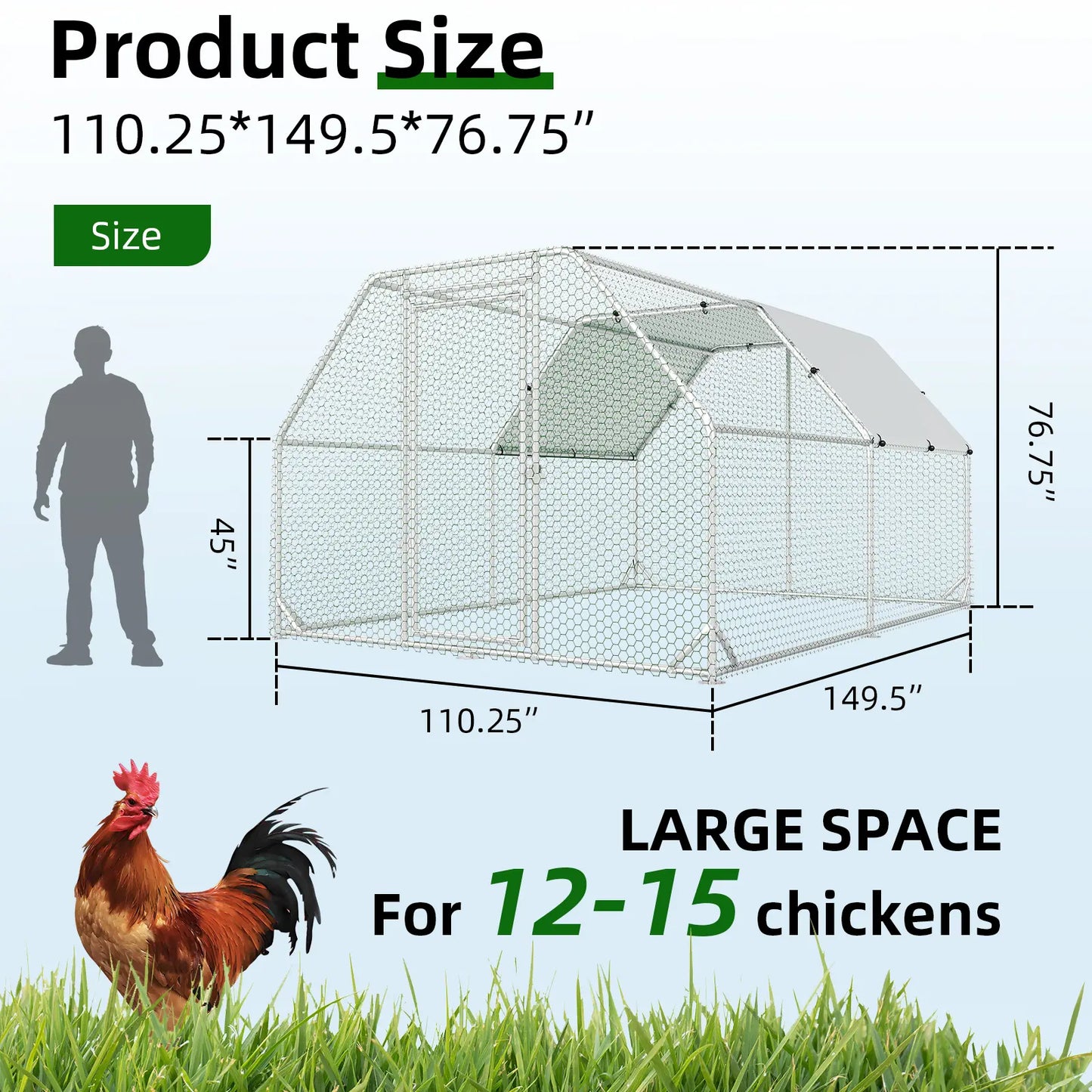 HOMBCK Large Metal Chicken Coop with Walk-In Run and Spire Roof, Outdoor Poultry Cage with UV Protection for Backyard Farming