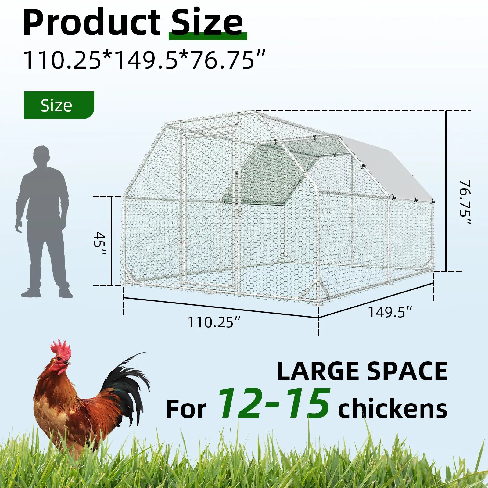 HOMBCK Large Metal Chicken Coop with Walk-In Run and Spire Roof, Outdoor Poultry Cage with UV Protection for Backyard Farming