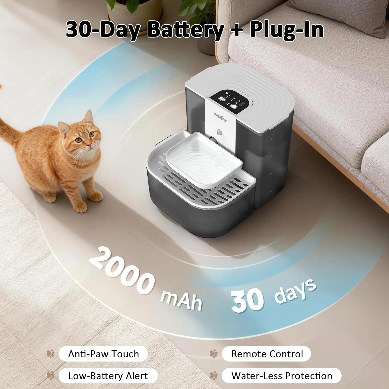 Automatic Cat Water Fountain with Ceramic Bowl, 4.5L + 2L Capacity, Timed Dispensing (3/6/9 Hours) and Adjustable Flow Control (80/100/120 mL), Filter-Free Clean Water System, Ultra Quiet Operation
