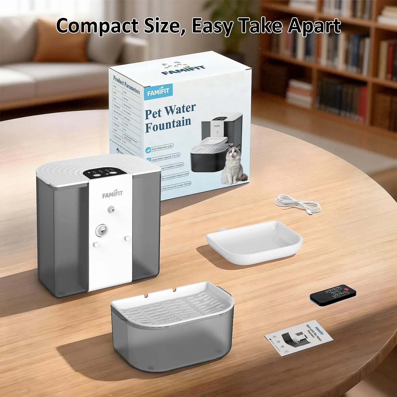 Automatic Cat Water Fountain with Ceramic Bowl, 4.5L + 2L Capacity, Timed Dispensing (3/6/9 Hours) and Adjustable Flow Control (80/100/120 mL), Filter-Free Clean Water System, Ultra Quiet Operation