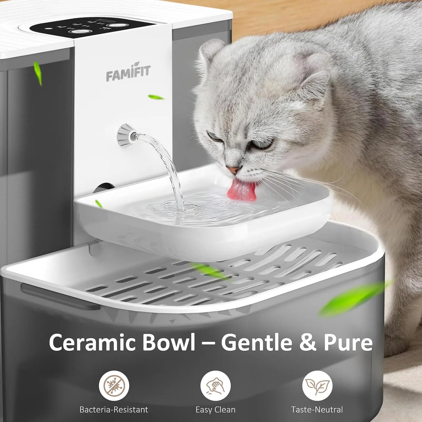 Automatic Cat Water Fountain with Ceramic Bowl, 4.5L + 2L Capacity, Timed Dispensing (3/6/9 Hours) and Adjustable Flow Control (80/100/120 mL), Filter-Free Clean Water System, Ultra Quiet Operation