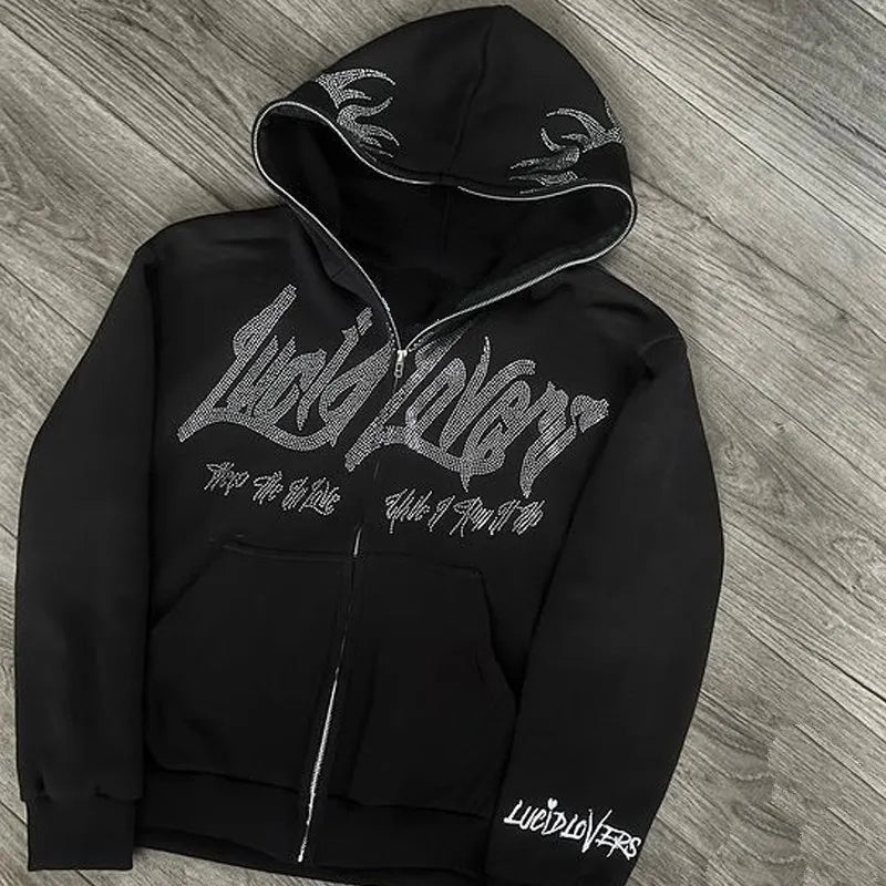 Men's Y2K Hooded Zip Jacket with Rhinestone Pattern - Oversized Gothic Sweatshirt and Pullover Coat