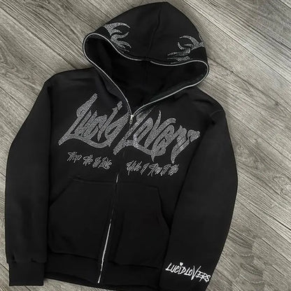 Men's Y2K Hooded Zip Jacket with Rhinestone Pattern - Oversized Gothic Sweatshirt and Pullover Coat