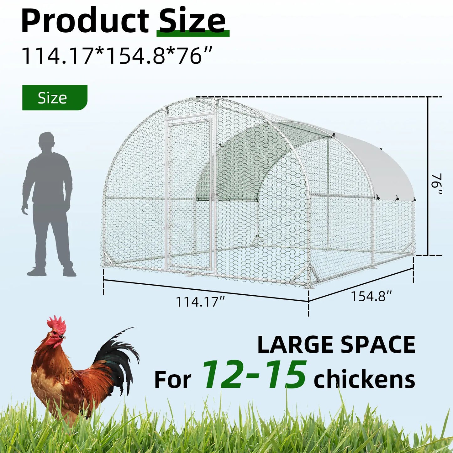 HOMBCK Large Metal Chicken Coop with Walk-In Run and Spire Roof, Outdoor Poultry Cage with UV Protection for Backyard Farming