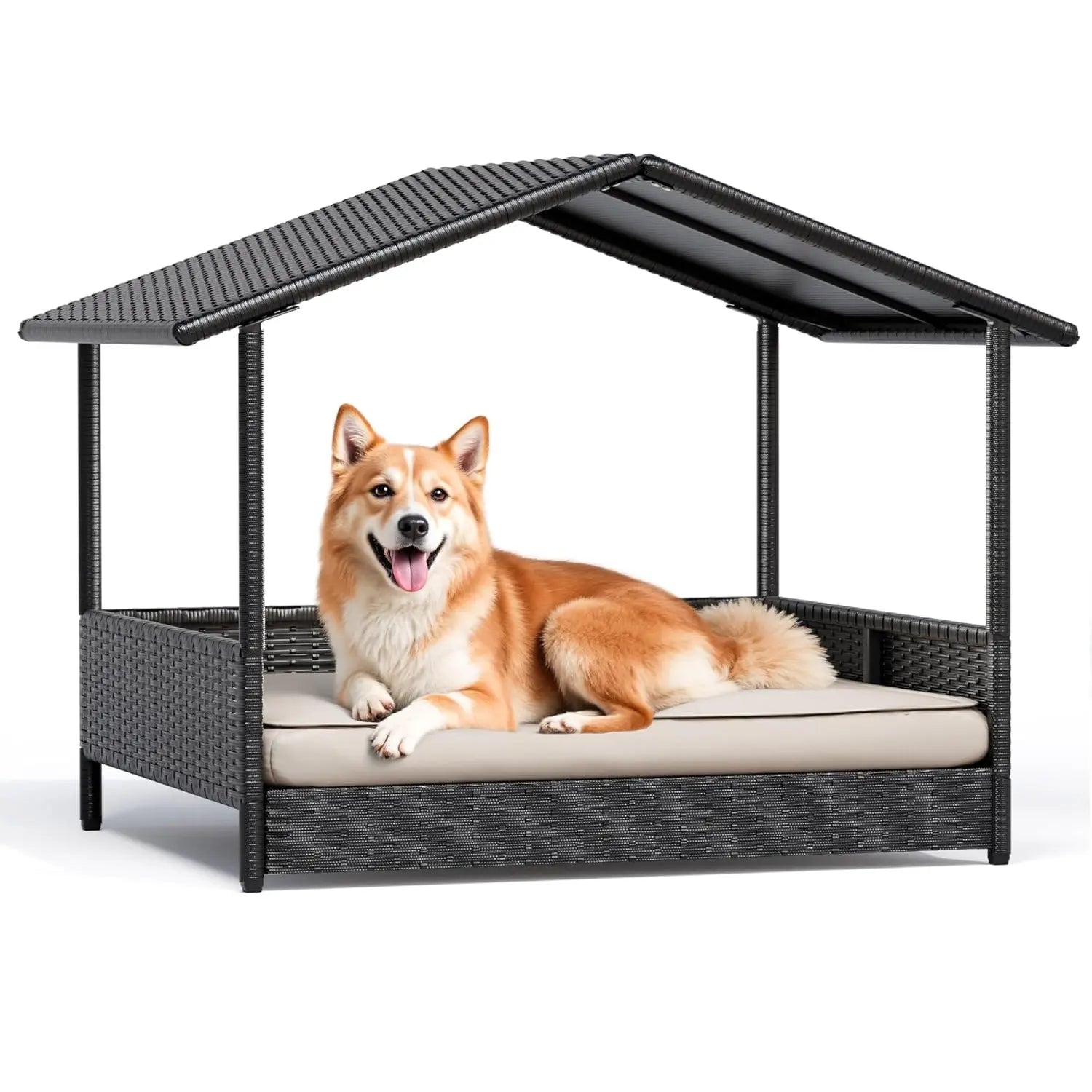 Warcat Elevated Wicker Dog House with Cushion for Indoor and Outdoor Use - Ideal for Decks, Patios, Yards, and Homes