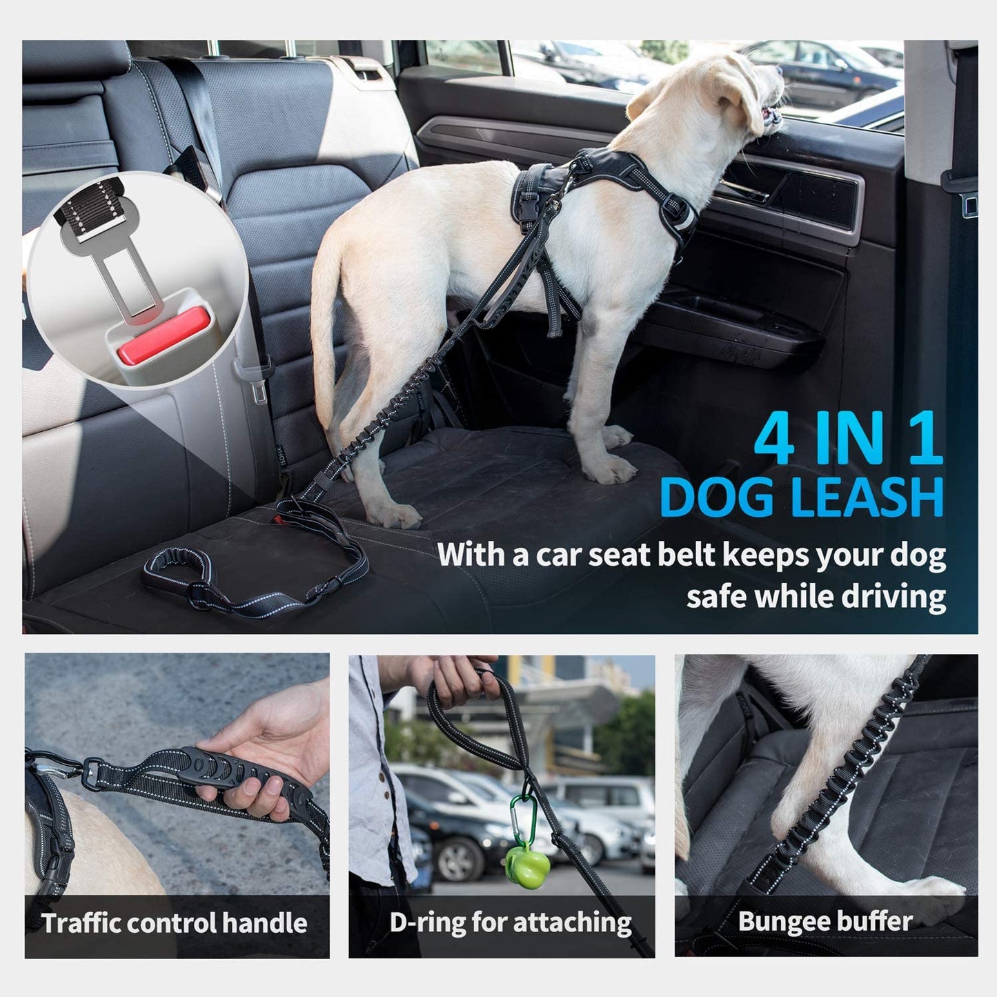 Heavy-Duty Multifunctional Tactical Dog Leash, 4-6 FT Bungee Design with Car Seatbelt and Shock Absorption for Large and Medium Dogs