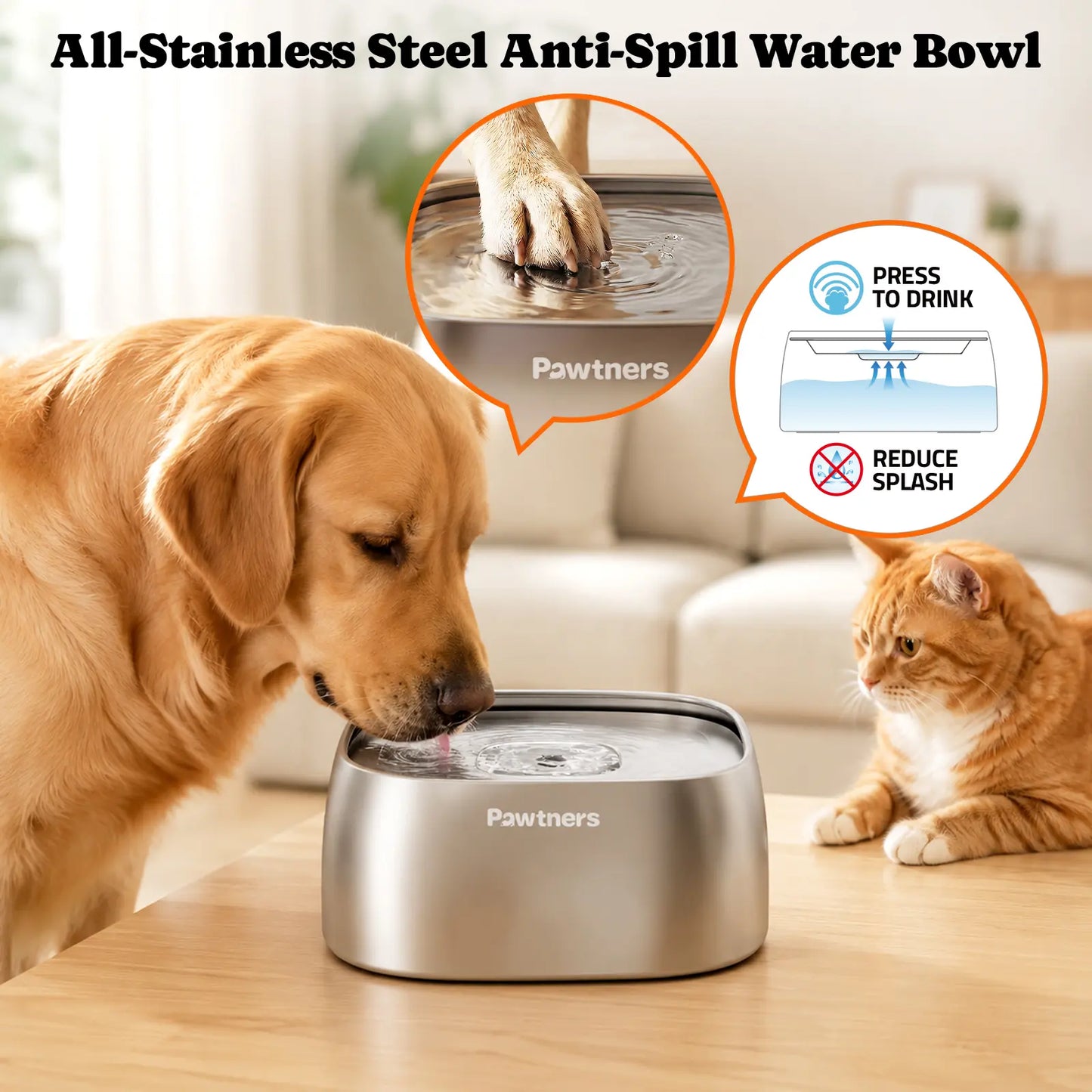 Pawtners No-Spill Dog Water Bowl with Slow Feeder Design for Small, Medium, and Large Dogs and Cats