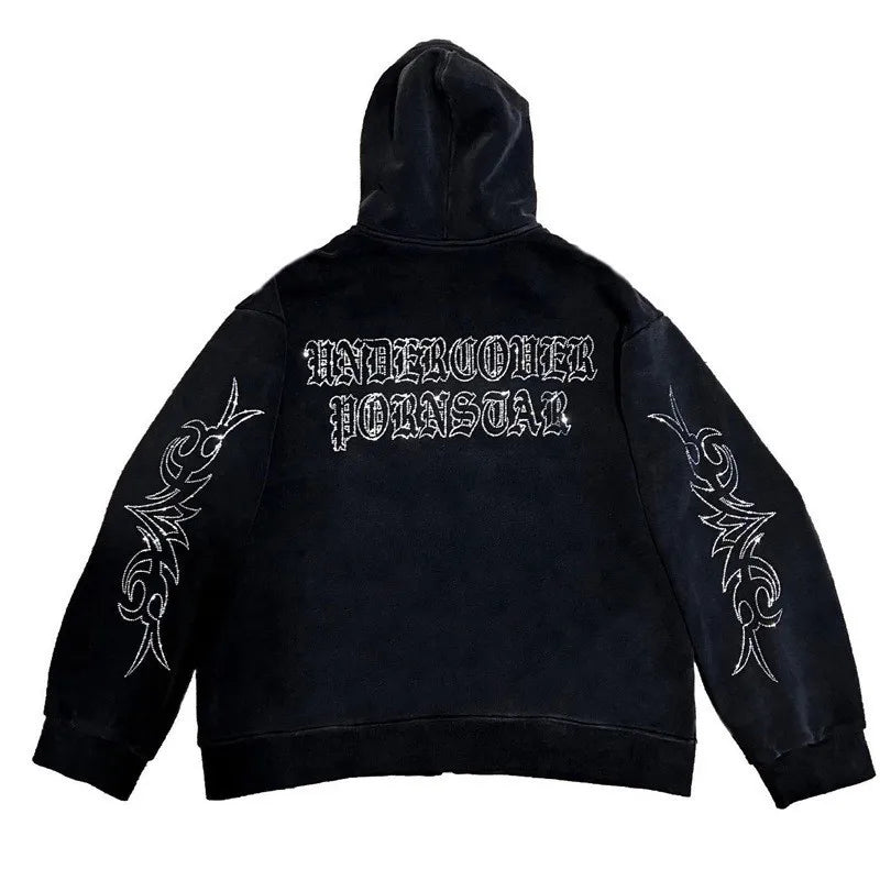 Y2K Rhinestone Lettered Hooded Sweatshirt for Women - Gothic Black Zip-Up Oversized Jacket in Retro Harajuku Style