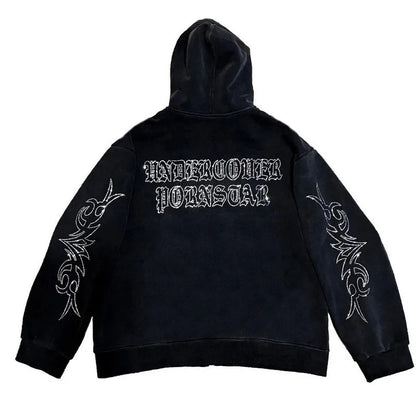 Y2K Rhinestone Lettered Hooded Sweatshirt for Women - Gothic Black Zip-Up Oversized Jacket in Retro Harajuku Style