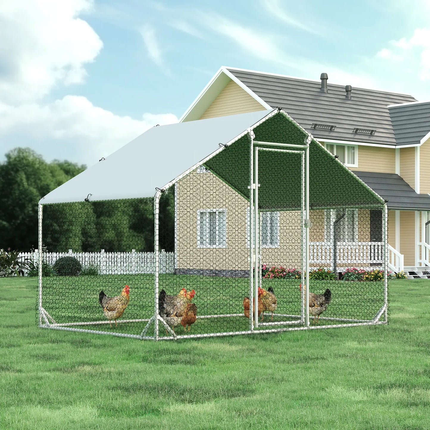 HOMBCK Large Metal Chicken Coop with Walk-In Run and Spire Roof, Outdoor Poultry Cage with UV Protection for Backyard Farming
