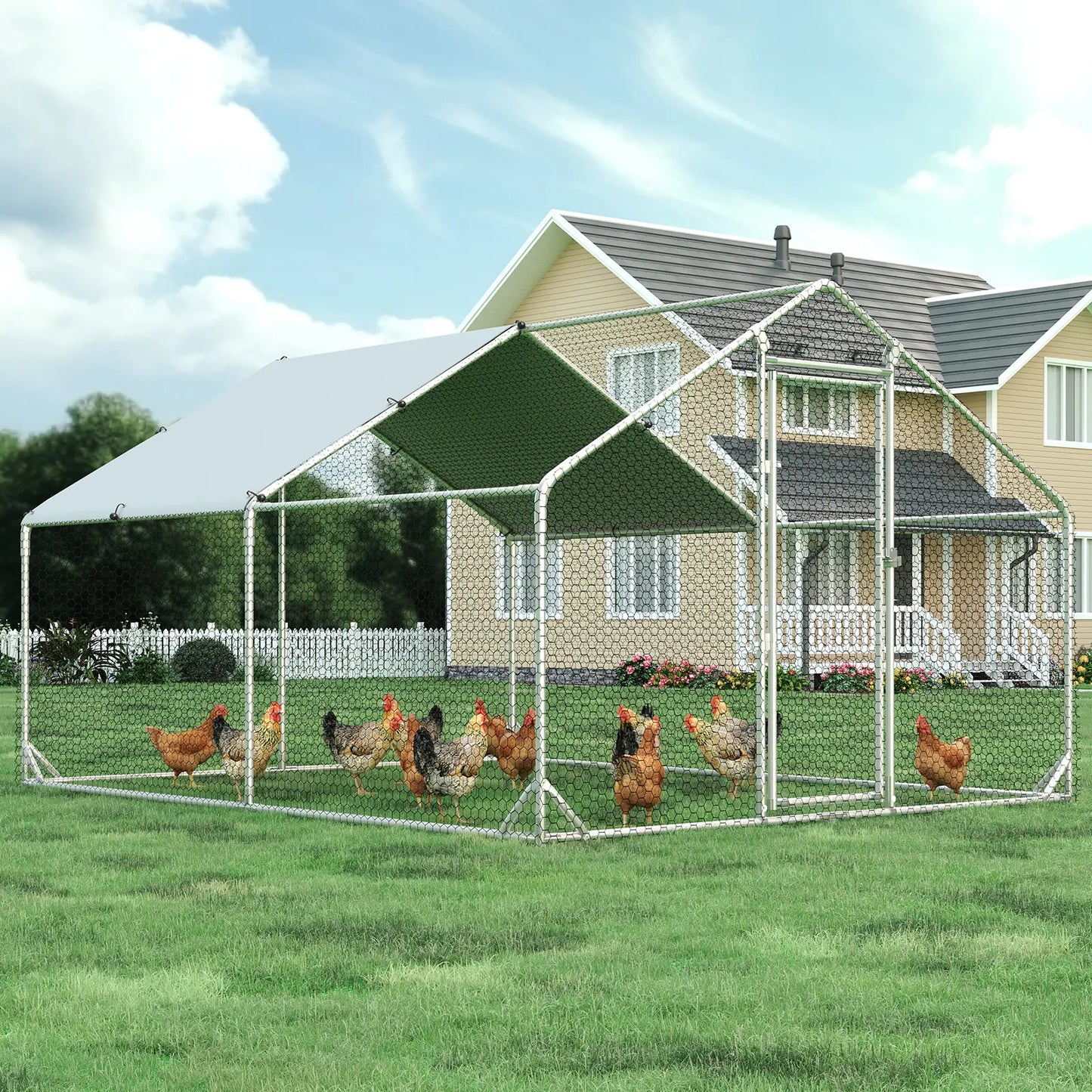 HOMBCK Large Metal Chicken Coop with Walk-In Run and Spire Roof, Outdoor Poultry Cage with UV Protection for Backyard Farming