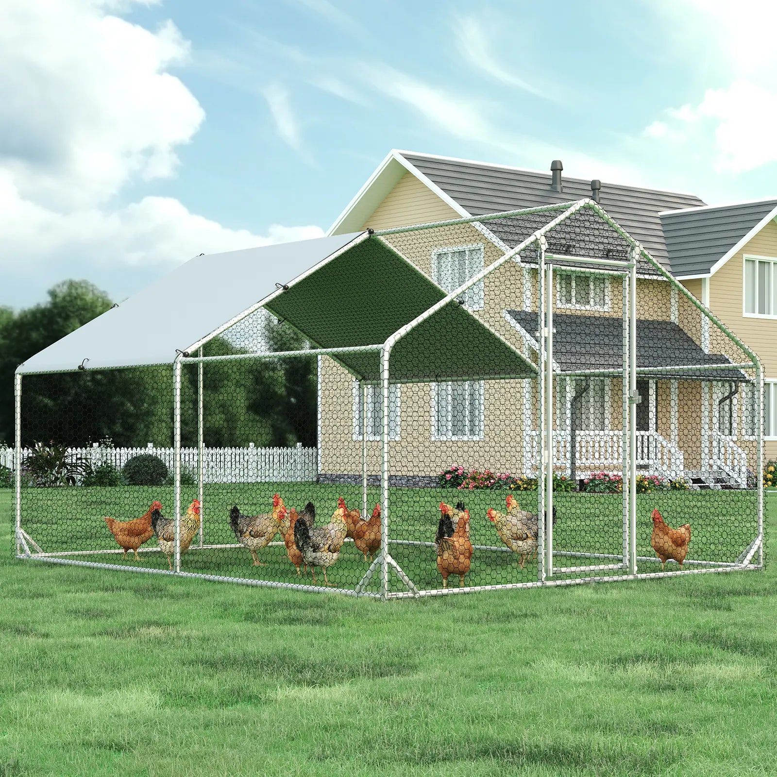 HOMBCK Large Metal Chicken Coop with Walk-In Run and Spire Roof, Outdoor Poultry Cage with UV Protection for Backyard Farming