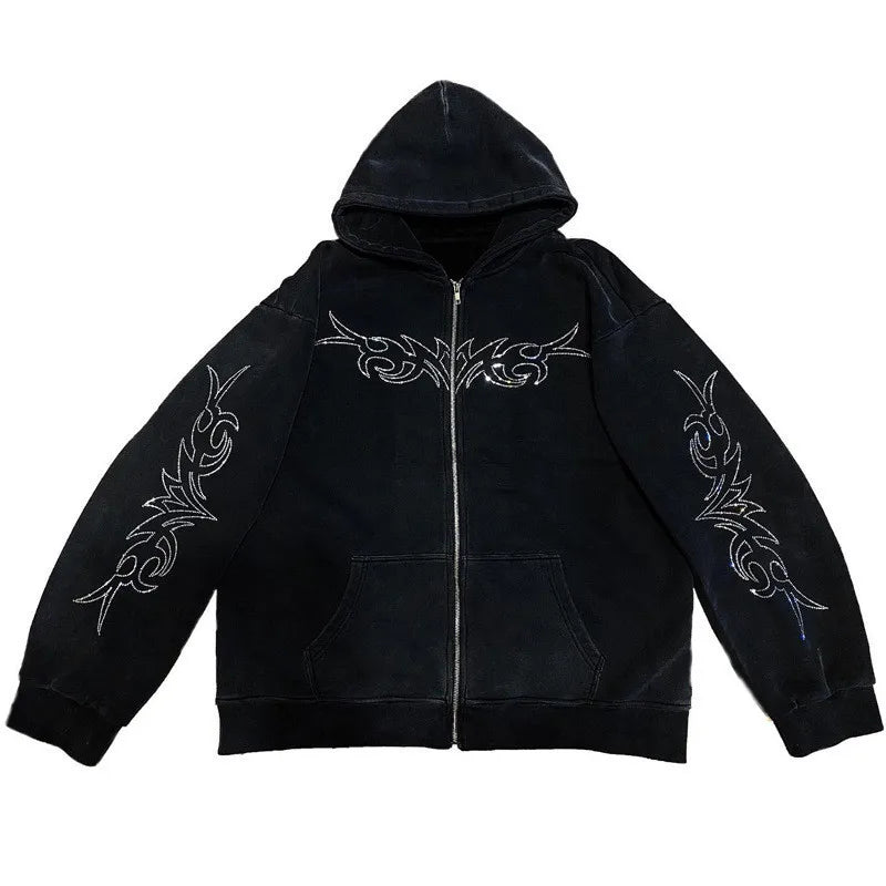 Y2K Rhinestone Lettered Hooded Sweatshirt for Women - Gothic Black Zip-Up Oversized Jacket in Retro Harajuku Style