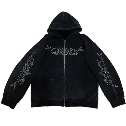 Y2K Rhinestone Lettered Hooded Sweatshirt for Women - Gothic Black Zip-Up Oversized Jacket in Retro Harajuku Style