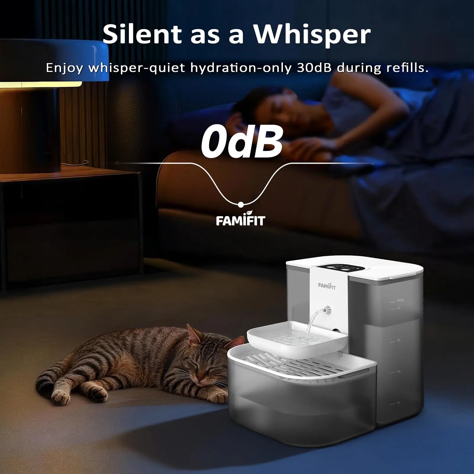 Automatic Cat Water Fountain with Ceramic Bowl, 4.5L + 2L Capacity, Timed Dispensing (3/6/9 Hours) and Adjustable Flow Control (80/100/120 mL), Filter-Free Clean Water System, Ultra Quiet Operation