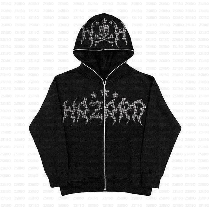 Spring Y2K Skeleton Rhinestone Zip-Up Hoodie for Men and Women - Hip Hop Long Sleeve Jacket, Harajuku Casual Loose Fit Sweatshirt