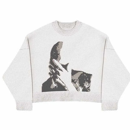 Women's Gothic Print O-Neck Pullover Sweater - Oversized Harajuku Knitwear for Streetwear and Y2K Style
