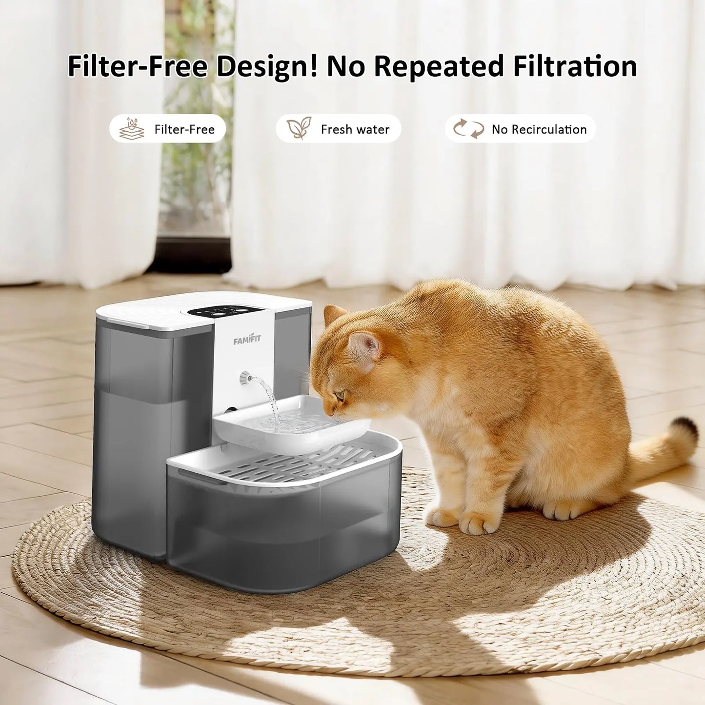 Automatic Cat Water Fountain with Ceramic Bowl, 4.5L + 2L Capacity, Timed Dispensing (3/6/9 Hours) and Adjustable Flow Control (80/100/120 mL), Filter-Free Clean Water System, Ultra Quiet Operation