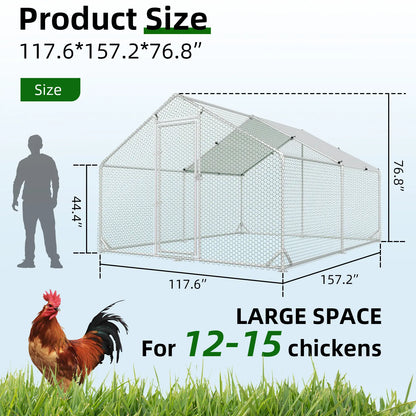 HOMBCK Large Metal Chicken Coop with Walk-In Run and Spire Roof, Outdoor Poultry Cage with UV Protection for Backyard Farming